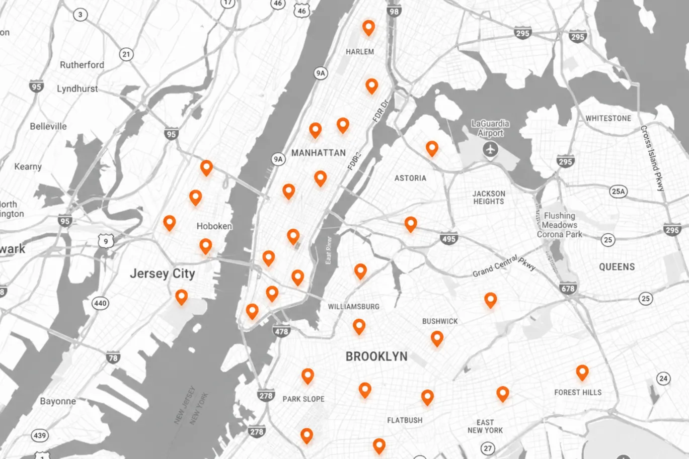 Map of NYC, Jersey City, Hoboken, and nearby areas with Diggz listing pins