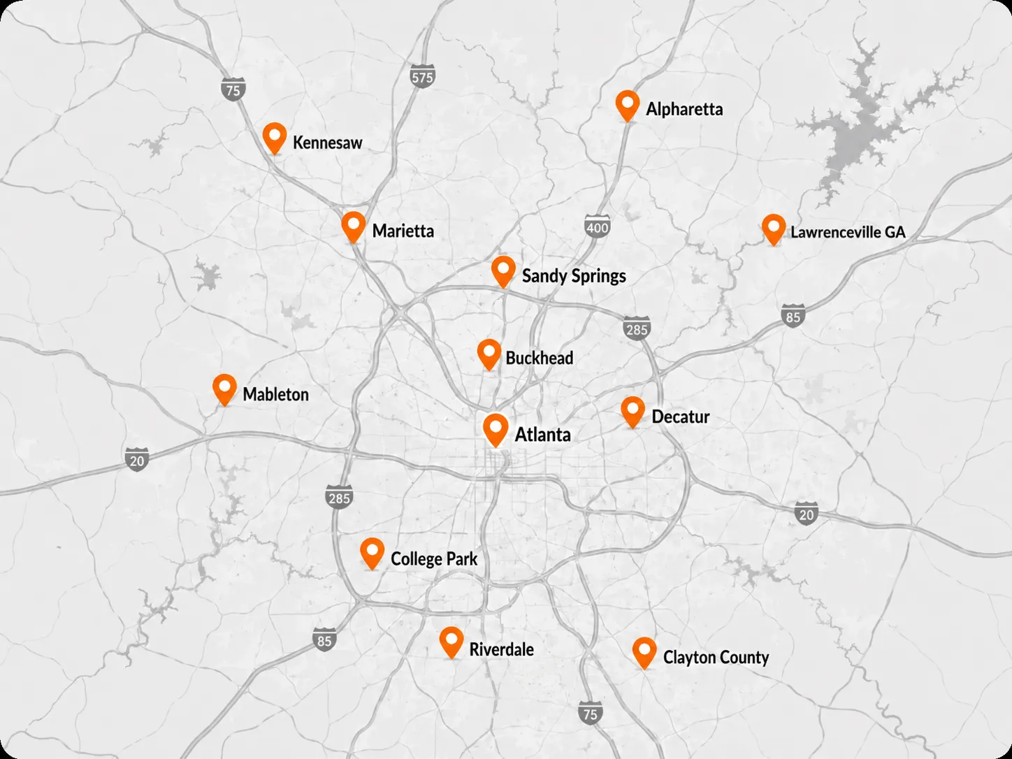 Map of Atlanta and surrounding areas with Diggz room listings