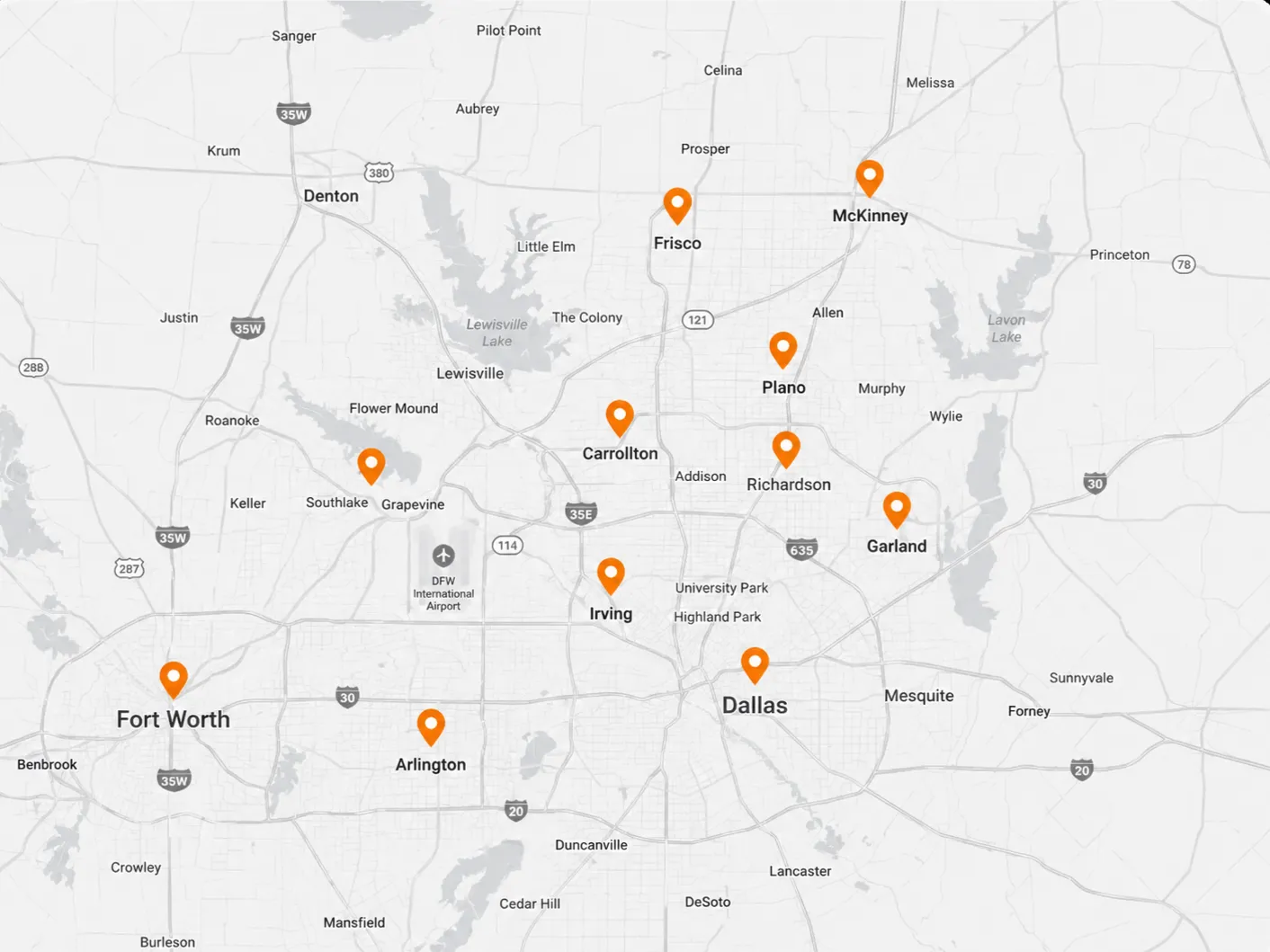 Map of Dallas and surrounding areas with Diggz room listings
