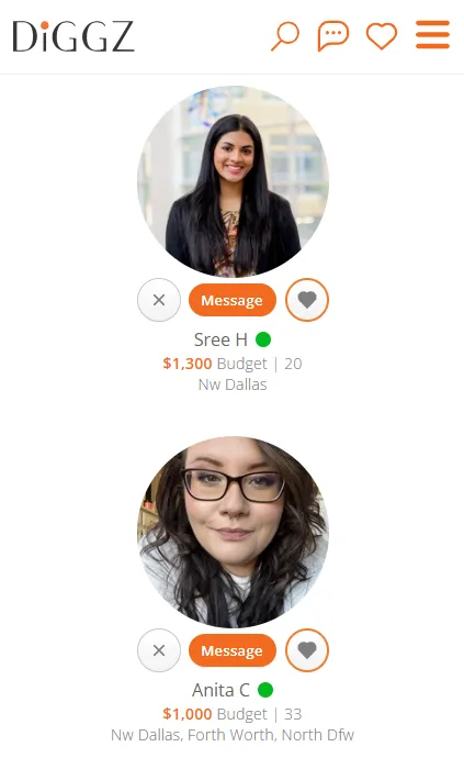 Browse roommate profiles on Diggz