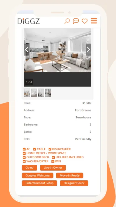 Example Diggz room listing with rent, amenities, and lifestyle tags