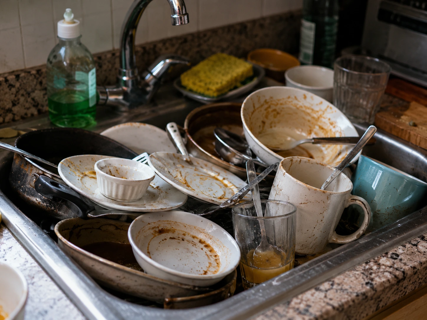 Messy kitchen sink with dishes piled up