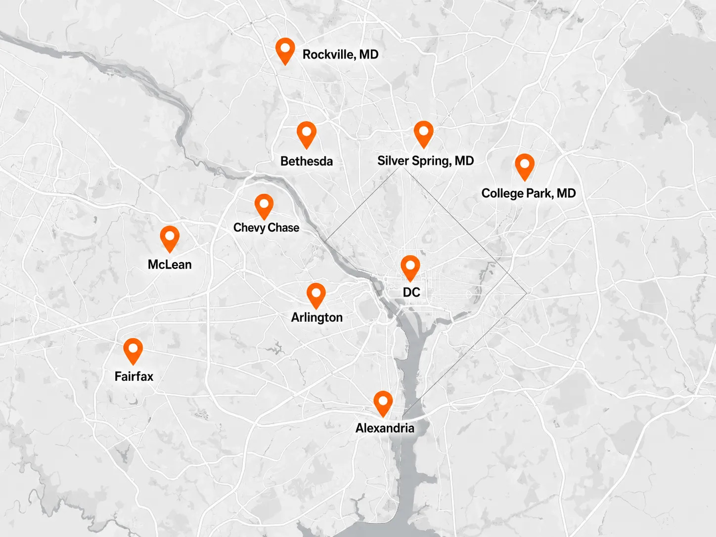 Map of Washington DC, Arlington, Alexandria, and nearby areas with Diggz listing pins